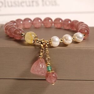 Natural Strawberry Quartz Lotus Seedpod Pendant Bracelet