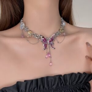Sweet Cool Hot Girl Dream Butterfly Stitching Water Drop Tassel Necklace For Women
