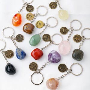 62-Cross-border Hot Sale Natural Crystal Rolling Stone Twelve Constellation Keychain DIY Handmade Car Bag Key Chain Wholesale
